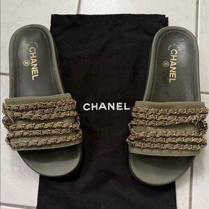 CHANEL Olive Green Chain-Trim Slide Sandals